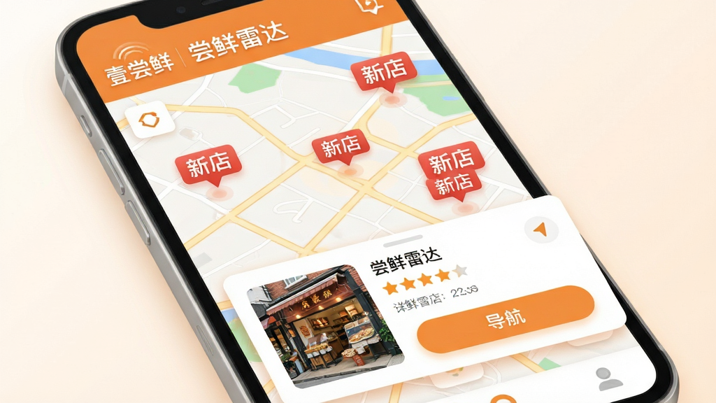 主体:手机应用“壹尝鲜”的“尝鲜雷达”功能预览图,屏幕显示地图界面,周围有多个红色“新店”标签,底部弹出某家新店的详细信息卡片。布局:地图占据背景,信息卡片悬浮于屏幕下半部,卡片上有店铺照片、星级评分和“导航”按钮。排版:信息层级分明,标签文字清晰,地图道路线条细腻。风格:扁平结合拟物化设计,色彩以暖橙与白色为主,整体风格干净、现代,画质高清无杂物。