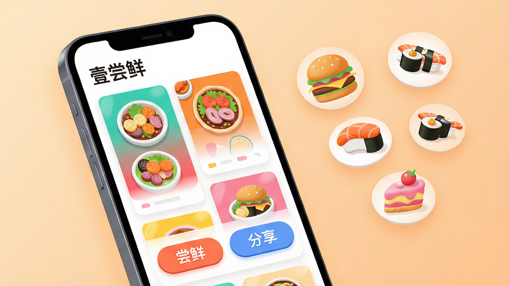 主体:一款名为“壹尝鲜”的智能手机应用界面,屏幕中展示着色彩缤纷的美食图片瀑布流,以及“尝鲜”和“分享”按钮,界面干净明亮。布局:手机位于画面中央偏左,右侧悬浮着几个代表美食的图标(如汉堡、寿司、甜品),背景为柔和的浅橙色渐变,营造温馨食欲感。排版:手机屏幕内的信息卡片排列整齐,有明确的“壹尝鲜”应用名称标识,整体构图平衡。风格:扁平化现代插画风,结合轻微3D质感,色彩饱和度高,画质细腻干净,无多余元素。
