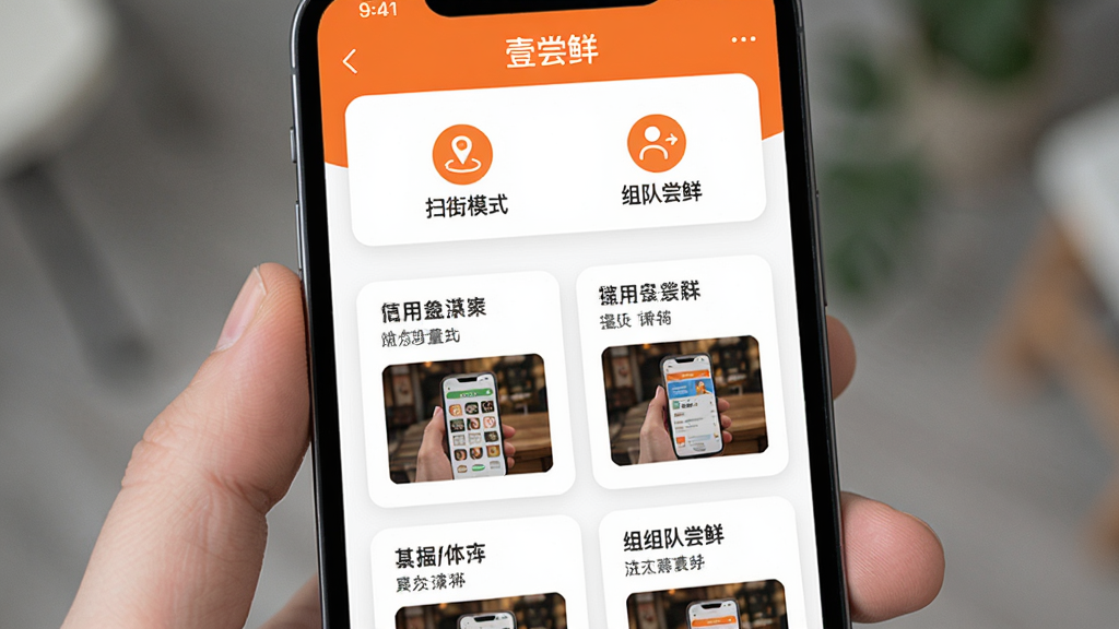 主体:手机屏幕上显示“壹尝鲜”应用内的“使用指南”页面,顶部有“扫街模式”和“组队尝鲜”两个图标,下方为步骤列表文字。布局:页面采用卡片式排列,每个卡片有简短的说明文字和示例图。排版:文字工整,图标线条简洁,色彩以白色与橙色为主,风格清新干净,画质高清。