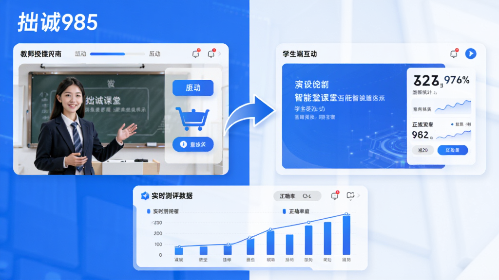 ͼƬ����Ϊ��׾��985���ǻۿ��ù�����ʾ�����Ϊ��ʦ�ڿν��棬�Ҳ�Ϊѧ���˻������棬�м��ü�ͷ���ӣ��·���ʾʵʱ��������ͼ�����Ű�������ҷ���������ִ���࣬����ɫ�Ͱ�ɫΪ��ɫ����ͻ���Ƽ���������У�ϸ�ڰ����γ̽�������������ť����ȷ��ͳ�ƣ����������ɾ����޶���Ԫ�ء�