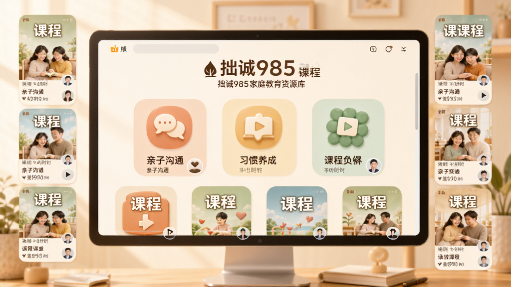 ͼƬ����Ϊ��׾��985����ͥ������Դ����棬��Ļ������ʾ�γ̷���ͼ�꣬�硰���ӹ�ͨ����ϰ�����ɡ��ȣ���Χ���ƿγ̷�������ͼ�����ֲ��������Ű棬����Ϊ���ůɫ���������ܰ���У�ϸ�ڰ������Ű�ť����ʱʱ������ʦͷ�񣬻���������ͣ��޶���Ԫ�ء�