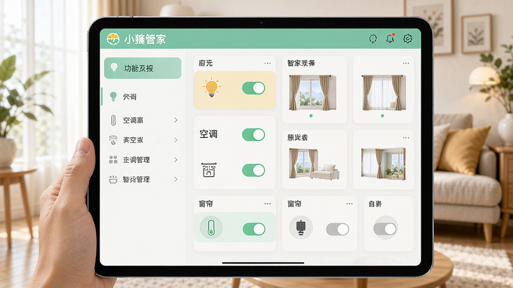 ����ΪС�����ܼ�APP������ƽ������ϵ���ʾЧ�������沼��չʾ���ܼҾӿ�����壬�����ƹ⡢�յ���������ģ��Ŀ���״̬������Ϊ������ܰ�Ŀ����������Ű�������ҷ����ṹ����๦���б��Ҳ���ӻ����������������Ȼ��ϸ�ڷḻ�������������ɾ����޶���Ԫ��