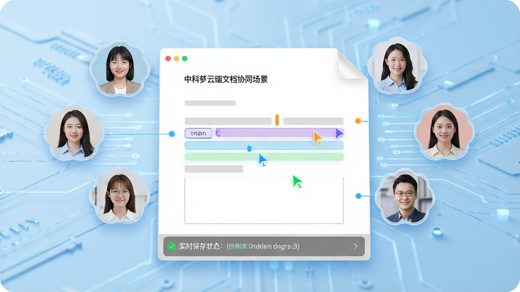 中科梦云端文档协同场景,多人头像悬浮于同一份文档周围,文档上高亮显示不同颜色的编辑光标,底部显示实时保存状态,背景为浅蓝色科技感纹理,画面明亮,构图平衡,细节清晰,观感舒适,超高清