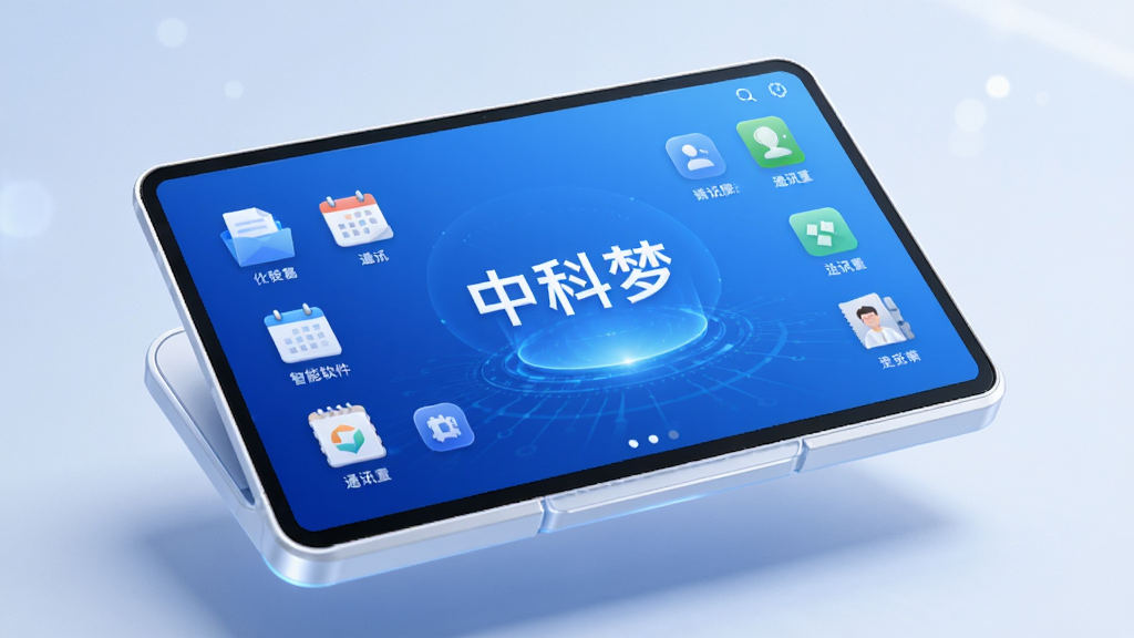 中科梦软件主界面,一块悬浮的智能工作台,屏幕背景为渐变的科技蓝,台面上整齐排列着文件、日历、通讯录等图标,中央显示“中科梦”字样,整体风格现代简约,界面干净透亮,光线柔和,细节丰富,超高清画质