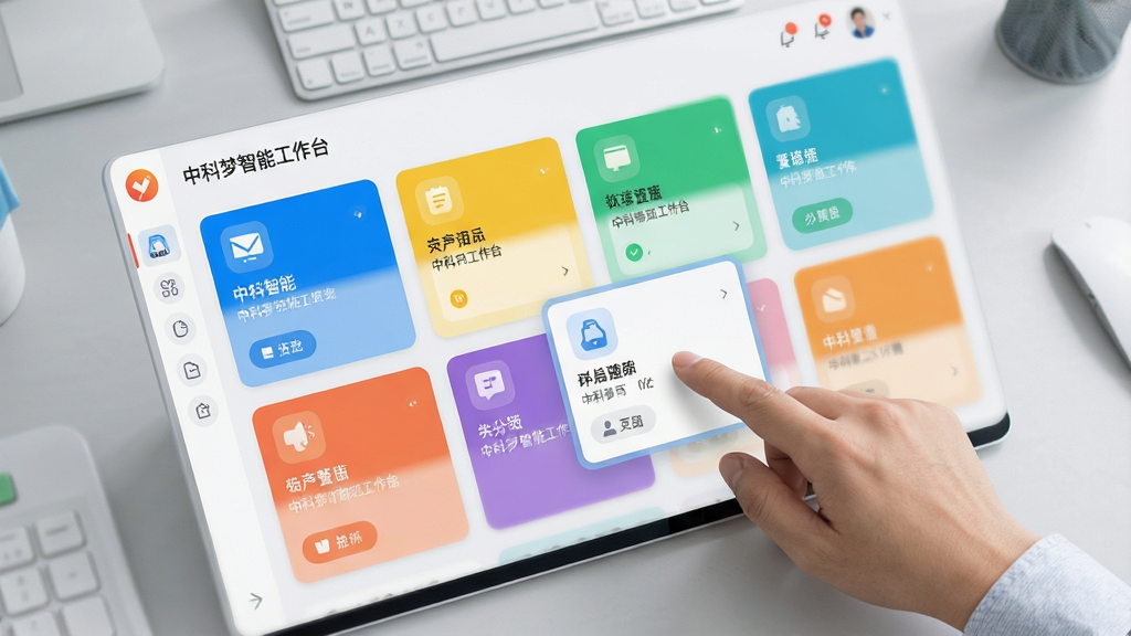 中科梦智能工作台界面,可自定义卡片式布局,展示不同颜色与图标的办公模块,用户手指正在拖拽调整位置,界面响应流畅,背景为浅灰色工作桌面,风格清爽,布局清晰,细节精致,画面干净,超高清