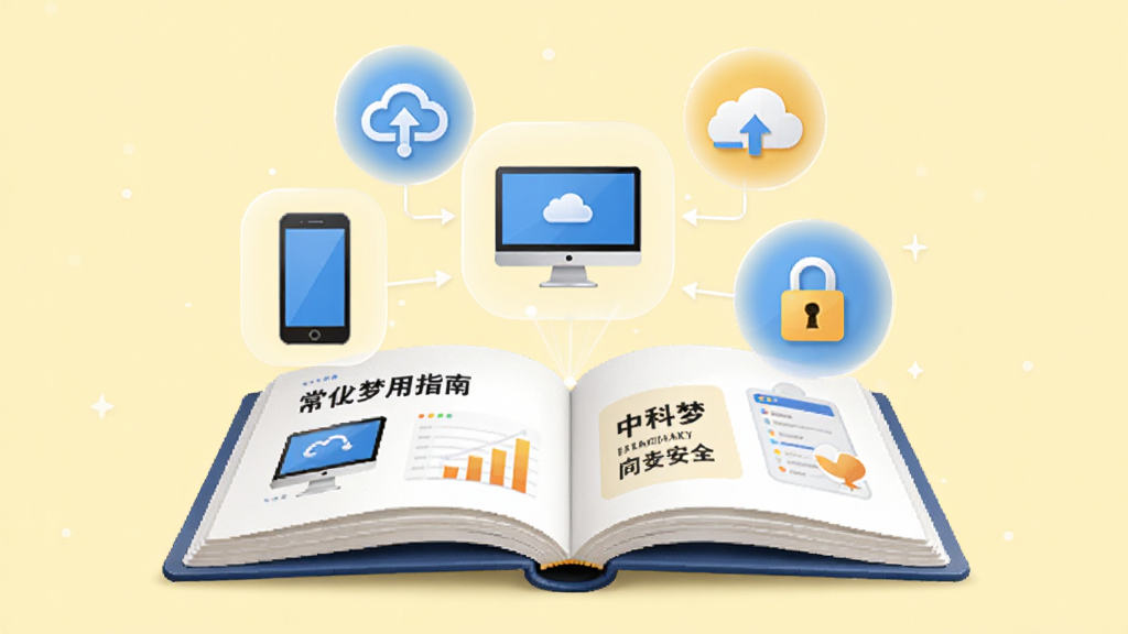 中科梦使用指南插图,一本打开的操作手册上浮动着常见问题图标,如手机、电脑、云同步、安全锁,背景为干净的浅黄色,风格简洁,构图居中,细节清晰,画面干净,超高清