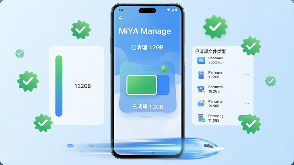 ���壺һ�������ֻ����� MiYA Manage ���������������Ļ��ʾ�洢�ռ����ͷŵĶ�������Χ��������ɵ���ɫ�Թ�ͼ�ꡣ���֣��ֻ���Ļ���У����Ϊ�������������Ҳ�Ϊ�������ļ������б����Ű棺�����࣬�����⡰MiYA Manage�������ɼ������������Ȼ��񣬱���Ϊǳ��ɫ���䡣ϸ�ڣ���Ļ���С������� 1.2GB���������ֻ��·��д����ٶȵ�������Ч�����ʣ�������Ⱦ���ɾ����޶���Ԫ�ء�