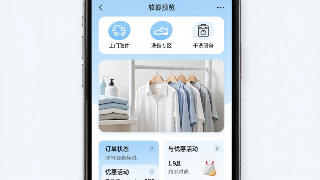 ϴС��ϴ��ϴЬ��ϴ��������Ԥ��ͼ��չʾ�ֻ�APP���棬������Ƽ�����£���ɫ��Ϊǳ��ɫ�Ͱ�ɫ����ҳ��ʾ������ȡ��������ϴЬר����������ϴ���񡱵Ⱥ��Ĺ���ͼ�꣬�м���һ�������������ҵ�ͼƬ���·��Ƕ���״̬���Żݻ���������Ű��������죬���ʸ��壬�ɾ��޶���Ԫ��