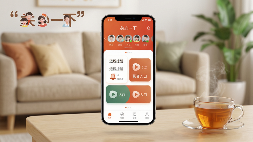 ����������һ�����������ֻ�����Ļ��������ʾ������һ�¡�APP�����棬��������ů�ĳȺ�ɫΪ��ɫ���������м���ͷ��״̬�����в��ǡ�Զ�����ѡ��͡�Ӱ����ڡ�������Ƭģ�飬������ģ���ľӼҿ���������ɳ������ֲ��Լ�ɼ����ֻ�������ǳľɫ�����ϣ��Ա���һ���������ڵĲ裬��������ܰ����������дʵ��Ⱦ�����ʸɾ����޶���Ԫ�أ����֡�����һ�¡�������ͻ����ʾ��