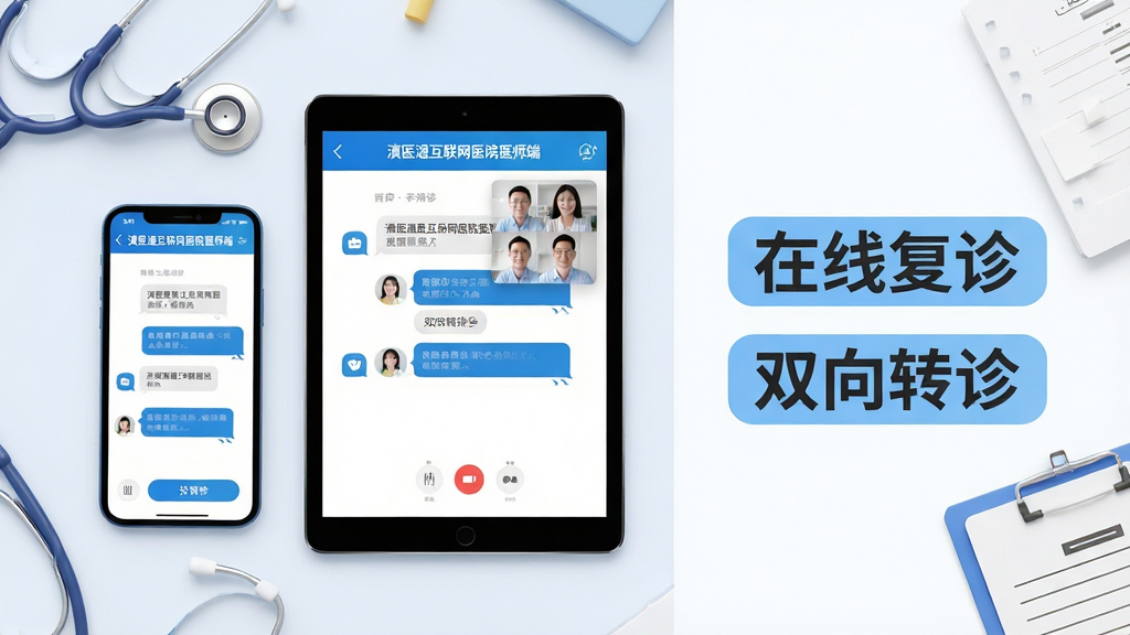ͼƬ����Ϊ�����ֻ���ƽ����Բ��Űڷţ���Ļ��չʾ����ҽͨ������ҽԺҽʦ�ˡ������߸���Ի����棬����������Ϣ����Ƶͨ��������������Ϊ����ƽ���ӽǣ�������ɢ�����������벡������Ϊ������׺���Ű�������ҷ�����ͼ�����Ϊ�豸���Ҳ����״�Ԥ�������߸����˫��ת����ֱ�ǩ�����Ϊ�ִ���ƽ�����3D��Ⱦ��ϸ����ͻ����Ϣ������ת�ﰴť��ɫ����ҽ�����Ͱ�ɫΪ�������ʸɾ����޶���Ԫ�ء�