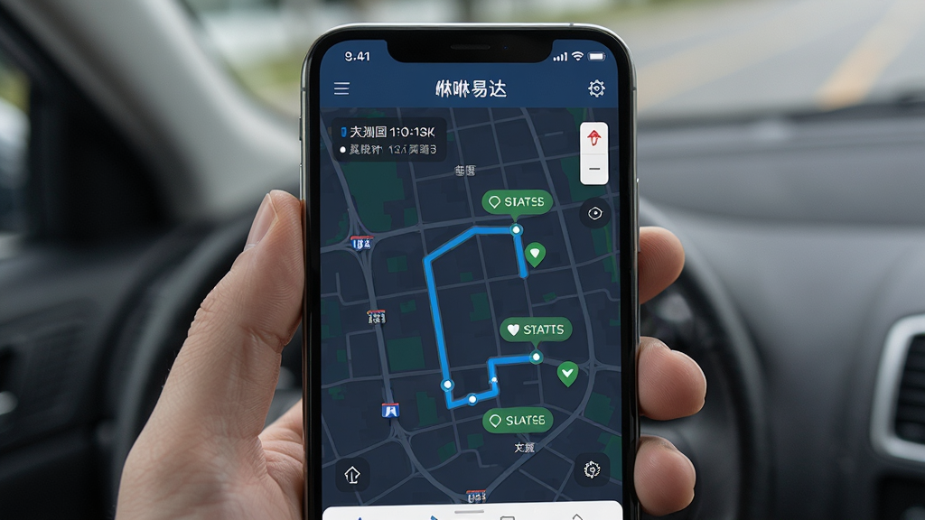 咻咻易达调度手机应用的地图追踪界面,显示配送轨迹与多个状态标记,主体为手机屏幕,布局清晰,风格写实,细节包括时间节点与状态图标,画质高清,无多余元素