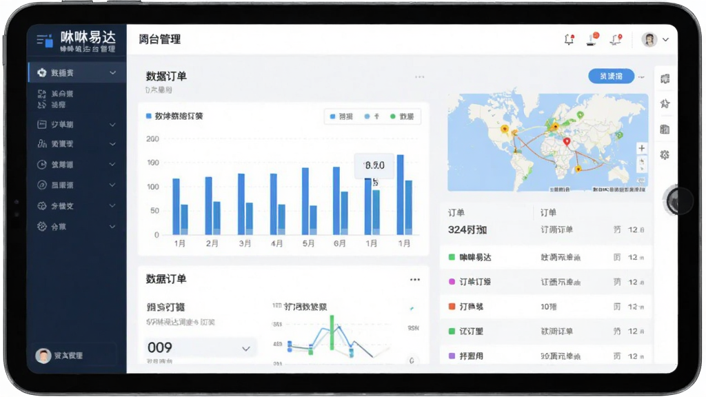 手机横屏显示咻咻易达调度后台管理界面,包含数据图表与订单列表,主体为平板电脑,布局清晰,风格商务简洁,细节包括柱状图与地图缩略图,画质高清干净,无多余元素