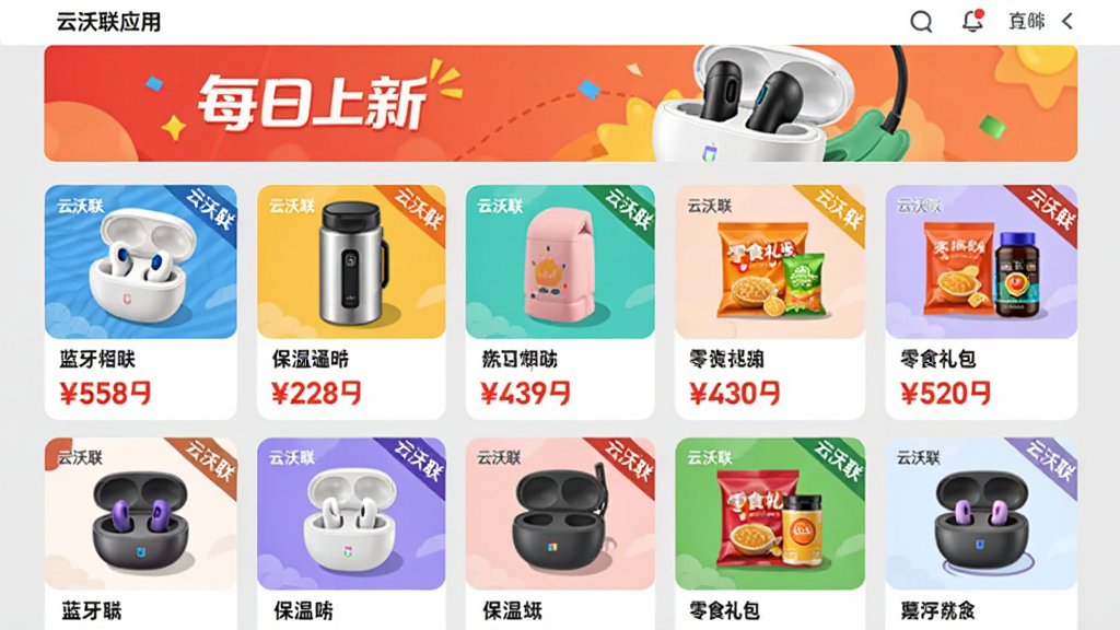 ���壺������Ӧ���е���Ʒ�б�ҳ�棬չʾ������Ʒ�����������������±�����ʳ��������۸��ǩ�����֣������Ϊ���������֣��ϲ�Ϊ�����桰ÿ�����¡����²�Ϊ������Ʒ��Ƭ���Ű棺��Ƭ�������У�ÿ����Ƭ��ʾ��ƷͼƬ�����ơ��۸񼰡����������Ǳꡣ��񣺵��̷��UI�廭��ɫ�����ޣ�����Ϊǳ��ɫ��ͻ����Ʒ���塣ϸ�ڣ��۸��ǩ��Ŀ��ͼƬ����������ɾ�������Ԫ�ء�