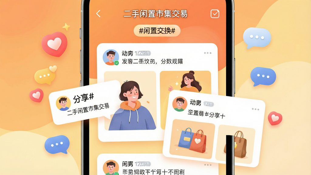 ���壺�ֻ�����չʾ�����������м����ס��������㳡�����û�ͷ�񡢶�̬���ֺ���ƷͼƬ�����֣��ֻ����У���������ů�ĳ�ɫ�뵭��ɫ���䣬��Χ�а��ĵ���ͼ��ͶԻ����ݡ��Ű棺��̬��Ƭ�������£�������ǩΪ��#���ý���#������񣺻��õ��罻�������廭���΢Ц��ϸ�ڣ�����ɾ���ͻ�������뻥������Ȥ�����ʸ��壬�޶���Ԫ�ء�