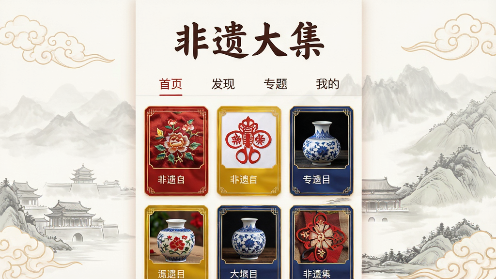 ���壺���Ŵ�APP����ռ�ݻ������룬�����ǵ��ŵ�ˮīɽˮ�����������������֣����涥����ʾ�����Ŵ󼯡��ĸ����֣��·������š���ҳ���������֡�����ר�⡱�����ҵġ��ȵ��������м�����չʾ�����ķ�����Ŀ��Ƭ������塢��ֽ���մɵȣ�ÿ�ſ�Ƭ��������ͼ�������֡��Ű棺���öԳ�ʽ���֣���Ƭ�������У�ɫ�����й��졢�����ơ�����Ϊ�������ׯ�ص��š�ϸ�ڣ���Ƭ��Ե�н�ɫ�߿�װ�Σ�����������Լ�ĹŴ��������������ʸ���ϸ�壬����ɾ��޶���Ԫ�أ�ͻ�������Ŵ󼯡�Ʒ�Ʊ�ʶ��