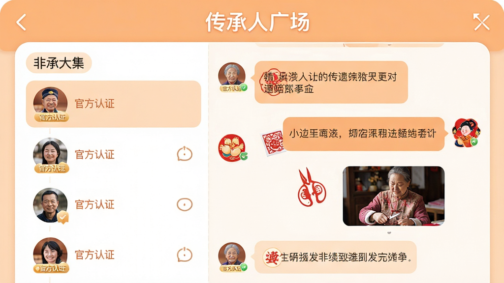���壺���Ŵ�APP����������ҳ�棬�����С������˹㳡�����������֣����Ϊ�������б����Ҳ�Ϊ����Ի����棬��ʾ������ͼƬ��Ϣ���Ű棺���÷���ʽ���֣����ͷ���б��������У��Ҳ�Ի�����������ʽչʾ�������ů�׺ͣ�ɫ��Ϊǳ�����ɫ��ϸ�ڣ��Ի��д����ż�ֽ���껭��Сͼ�꣬����Բ��ͷ�����С��ٷ���֤����ʶ�������������ɾ��޶���Ԫ�أ�չ�ֻ�Ծ�Ļ�����Χ��