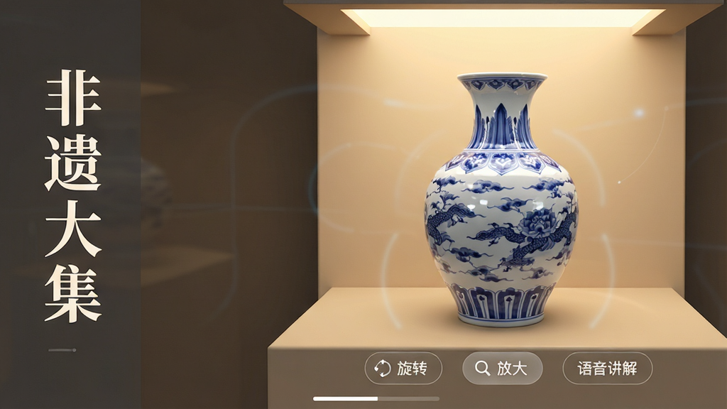 ���壺���Ŵ�APP������չ�����棬չʾһ�������3D�մɻ�ƿ�����֣�������������ŵġ����Ŵ󼯡��������Ҳ�Ϊ��ƿ���壬�·��С���ת�������Ŵ󡱡����������⡱�Ȱ�ť���Ű棺��ƿ���ڻ�������ƫ�ң�����Ϊ��͵���ɫչ̨���Ϸ���ůɫ�ƹ����䡣��񣺿Ƽ�����ŵ��ںϣ�������������ϸ�ڣ���ƿ����������໨ͼ�����������������߷�����Ȼ������ϸ����棬�ɾ��޶���Ԫ�أ����ָ�Ʒ������չʾЧ����