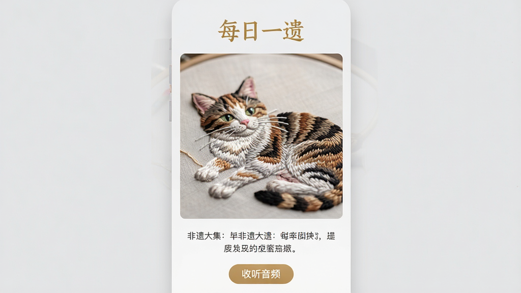 ���壺���Ŵ�APP�ġ�ÿ��һ�š���Ŀҳ�档���֣�����Ϊ��ÿ��һ�š���ɫ���⣬�·���һ�Ŵ����������ƷͼƬ��ͼƬ�·��������ֽ����롰������Ƶ����ť���Ű棺���滬��ʽ���֣�ͼƬռ����Ļ����֮�������ּ����С�����������£�����Ϊǳ��ɫ��ͼƬɫ����͡�ϸ�ڣ�������Ʒ����������������è�����ϸ�壬������ͣ����ʸ��壬�ɾ��޶���Ԫ�أ�չ�־��¹���֮����