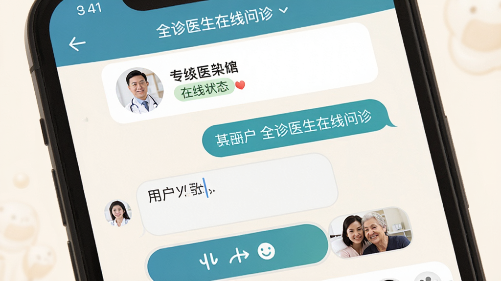 һ��չʾ��ȫ��ҽ����������Ľ��棬����Ϊ�ֻ���Ļ�Ի����Ϸ���ʾҽ��ͷ�����������·����û�����������ͼƬ�İ�ť������Ϊů��ɫ������׺ͣ�ͻ��ҽ����ͨ�����θУ�ϸ�ڰ���ҽ������״̬��ʶ�����ʸɾ���Ȼ