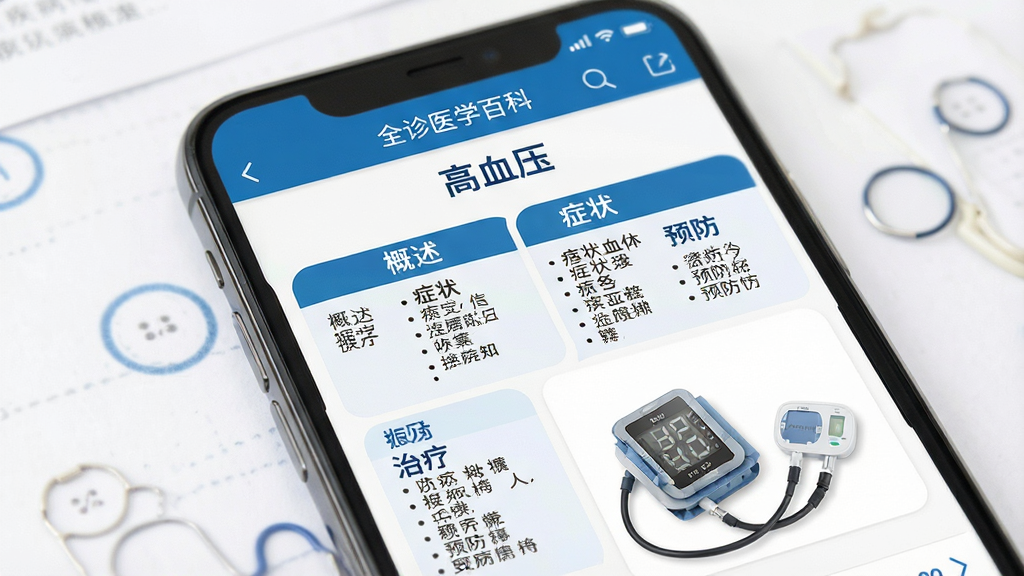 һ��չʾ��ȫ��ҽѧ�ٿơ����ܵĻ��棬����Ϊ�ֻ���Ļ��ʾ��������ҳ������Ϊ����Ѫѹ�����·�����չʾ������������֢״���������ơ�����Ԥ������������һ��Ѫѹ��ʵ��ͼƬ���Ű����������רҵ��࣬������ɫ��Ϊ����ϸ�����ֿɶ���ǿ�����ʸ��壬�޶���Ԫ��