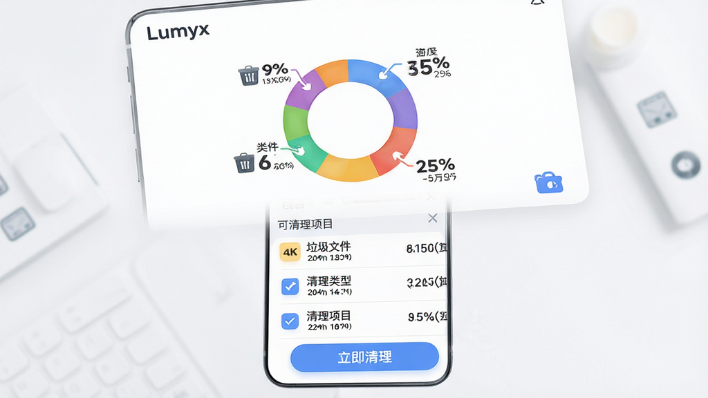 ���壺Lumyx�����Ĵ洢�������棬����һ����ɫ����ͼչʾ�����ļ�ռ�ȣ��·�Ϊ��������Ŀ�Ĺ�ѡ�б������֣��ֻ�����չʾ������ͼλ���Ϸ����б�λ���·����ײ��С�������������ť���������Ͻ��С�Lumyx����ʶ���Ű棺ɫ�����޵������ۣ������ļ����͸���ͼ�꣬��ѡ�������ɼ����������������Բ��Ƭʽ��ơ�ϸ�ڣ�����ͼ���аٷֱȱ�ǩ���ļ���С������Ŀ�����ʣ�4K���壬�ɾ����޶���Ԫ�ء�