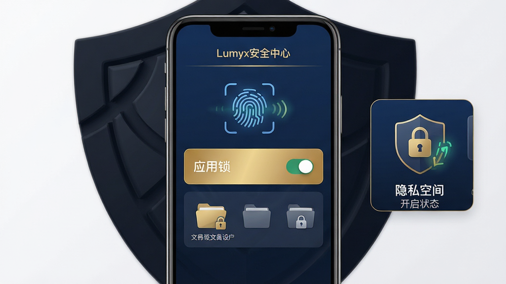 ���壺Lumyx��������˽�������ܽ��棬չʾӦ��������ҳ�棬����ָ��ͼ�����ļ�������ѡ����֣��ֻ���Ļ���У�����Ϊ���������״�İ��ƣ��Ҳ�չʾ��˽�ռ俪��״̬��ͼʾ���Ű棺����ѡ�����б���ʽ���֣�����״̬�������С�Lumyx��ȫ���ġ��ı��⡣��񣺳�������磬�������ɫ���䣬���ݰ�ȫ�С�ϸ�ڣ�ָ��ɨ�趯��ʾ�⣬�ļ���ͼ������ۣ�������ʾ��ࡣ���ʣ�������Ⱦ���ɾ����޶���Ԫ�ء�