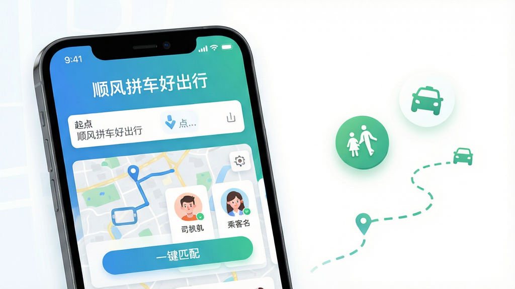 ��������Ϊһ�������ֻ���Ļ��д����Ļ��������ʾ��˳��ƴ���ó��С�APP�����棬���������ͼ·�ߡ�����յ������ƥ���е�˾����˿�ͷ��Ƭ�������������ɫ������ɫ�����������ֻ�����ƫ���Ҳ����ײ�������������ɫ����ͼ����·�����ߡ��Ű�ɾ���UI����ִ�������ƽ���廭����΢�����ϡ�ϸ����ǿ��APP�������֡�˳��ƴ���ó��С��͡�һ��ƥ�䡱��ť�����ʸ���ɾ����޶���Ԫ�ء�