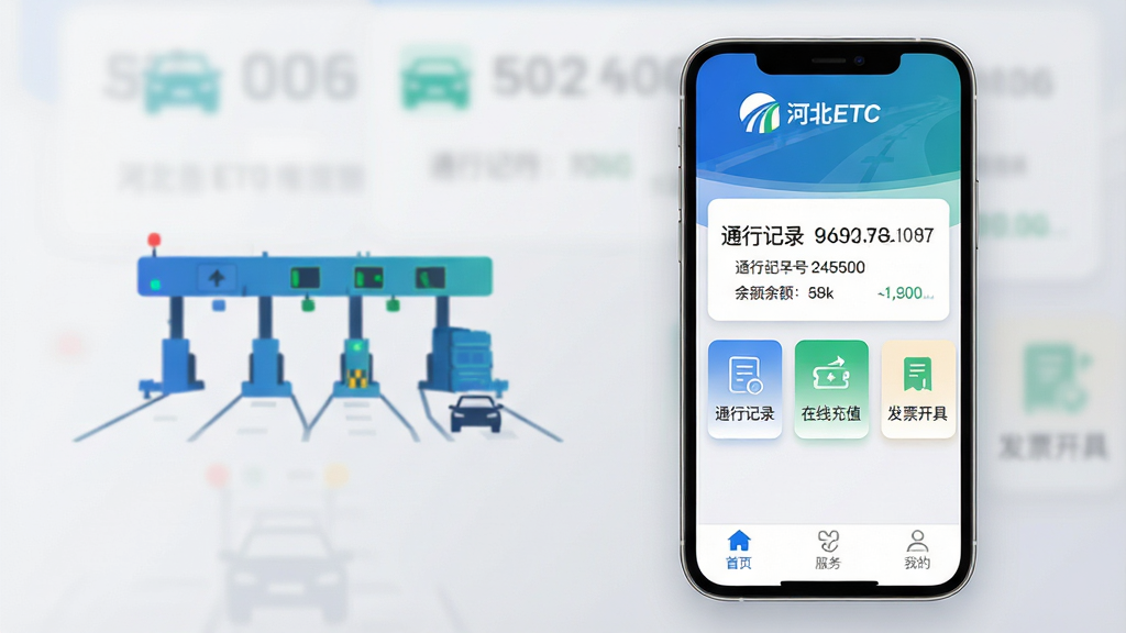 ���壺һ�������ֻ���Ļչʾ�ӱ�ETCӦ�������棬���涥����ʾ���ӱ�ETC������������ɫ��·ͼ�꣬�в�����չʾ���ƺ��������Ϣ���ײ�Ϊ����ҳ�������񡱡��ҵġ����������������֣��ֻ�����ƫ�ң������������Ư���Ÿ��ٹ�·�շ�վ��С����Ӱ���Ű棺����ͼ���������У����ֱ�ǩ����������Ϊǳ��ɫ���䣻��񣺱�ƽ��UI��Ʒ���ִ��Ƽ��У�ɫ���������̡���Ϊ��ɫ�������������ɾ���ϸ�ڣ���Ļ����ʾ��ͨ�м�¼�������߳�ֵ������Ʊ���ߡ��������ܿ�Ƭ����ƬԲ�ǲ�������Ӱ�����ʣ�4K������Ⱦ���ɾ��޶���Ԫ�أ�����۽���Ӧ�ý��棬�����黯������