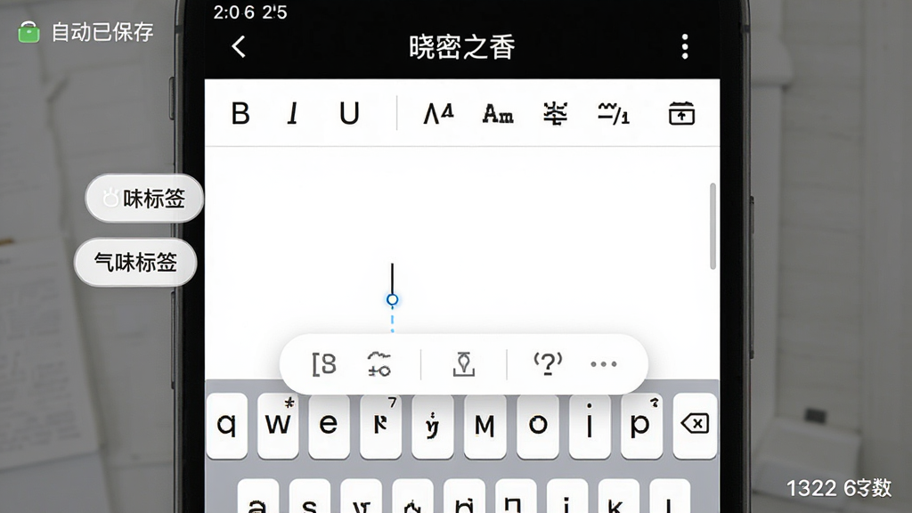 ���壺������֮�㡱�ʼǱ༭���棬�Ϸ�Ϊ��ʽ��������B/I/U/Markdown���ţ����·�Ϊ�հױ༭���������˸�����֣��ֻ�������ʾ�����̵�������������С���ζ��ǩ��С���Ұ�ť���Ű棺���ֱ༭��ռ��Ļ70%�������������ڼ����Ϸ�����񣺼������壬��ɫ������ǳ��ɫ�ָ��ߣ���ť��������ͼ�ꣻϸ�ڣ���Ļ���Ͻ���ʾ���Զ��ѱ��桱���������½�������ͳ�ƣ����ʣ��ɾ�����㣬�߶Աȶȣ��޶���Ԫ�ء�