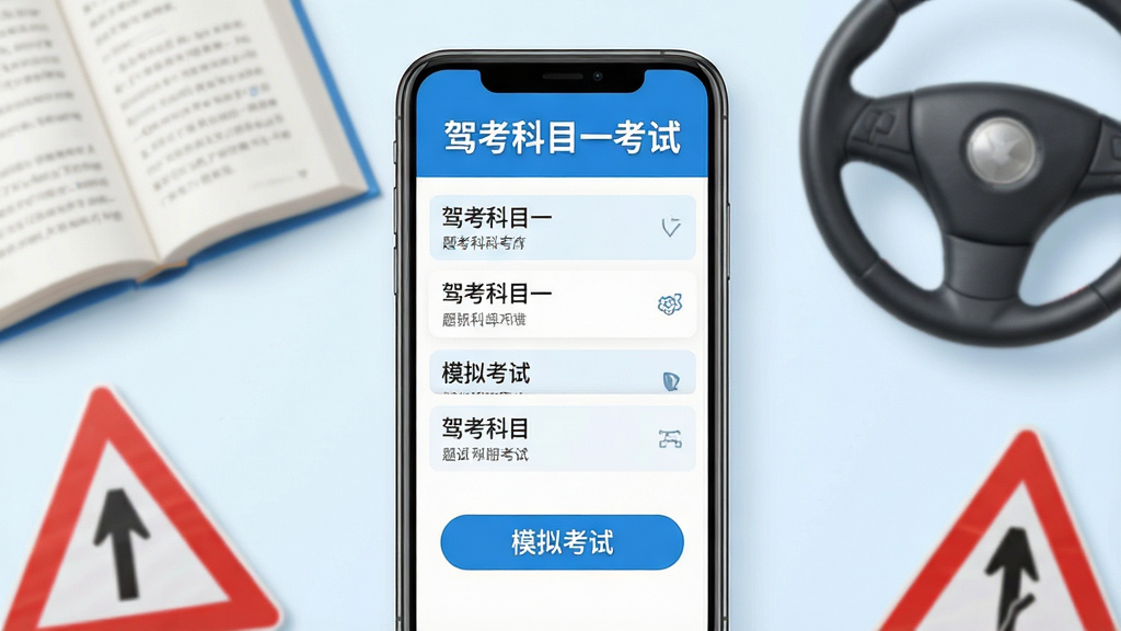 主体:驾考科目一考试软件界面展示,手机屏幕中显示科目一题库列表与模拟考试按钮。布局:手机居中,屏幕内容清晰可见,周围有书本、方向盘、交通标志等元素点缀。排版:简洁明快,主体突出。风格:写实结合扁平化,色彩明亮,主色调为蓝色和白色。细节:屏幕上文字标注“驾考科目一考试”,画面干净无杂物。画质:高清细腻,聚焦清晰,无多余元素。