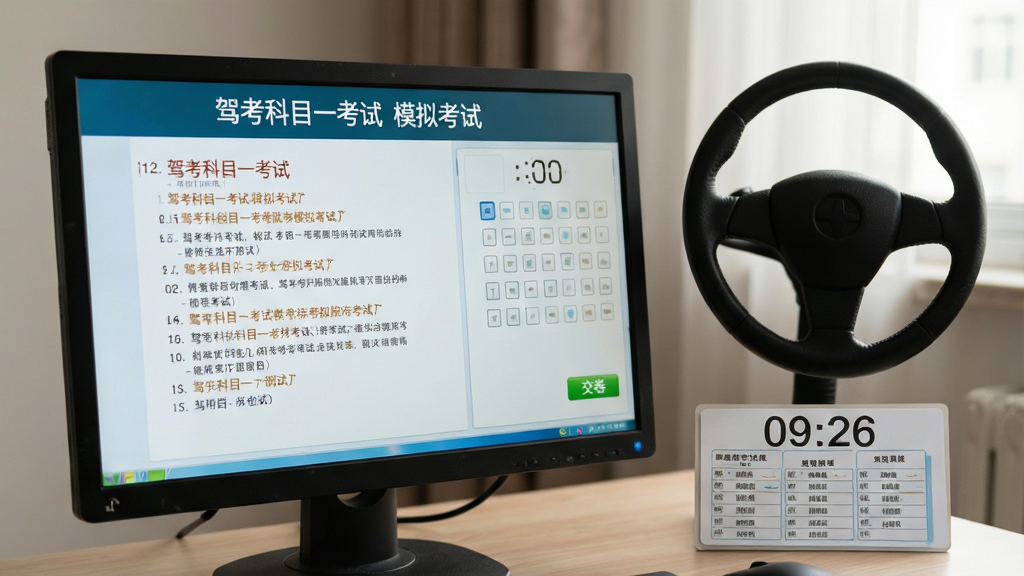 主体:驾考科目一考试全真模拟考试场景,电脑屏幕显示答题界面,计时器与答题卡清晰可见。布局:左侧为题目区,右侧为答题卡与交卷按钮。排版:模拟真实考试布局。风格:写实风格,室内光线柔和。细节:屏幕上方显示“驾考科目一考试 模拟考试”,旁边有方向盘模型。画质:清晰真实,画面干净,无多余元素。