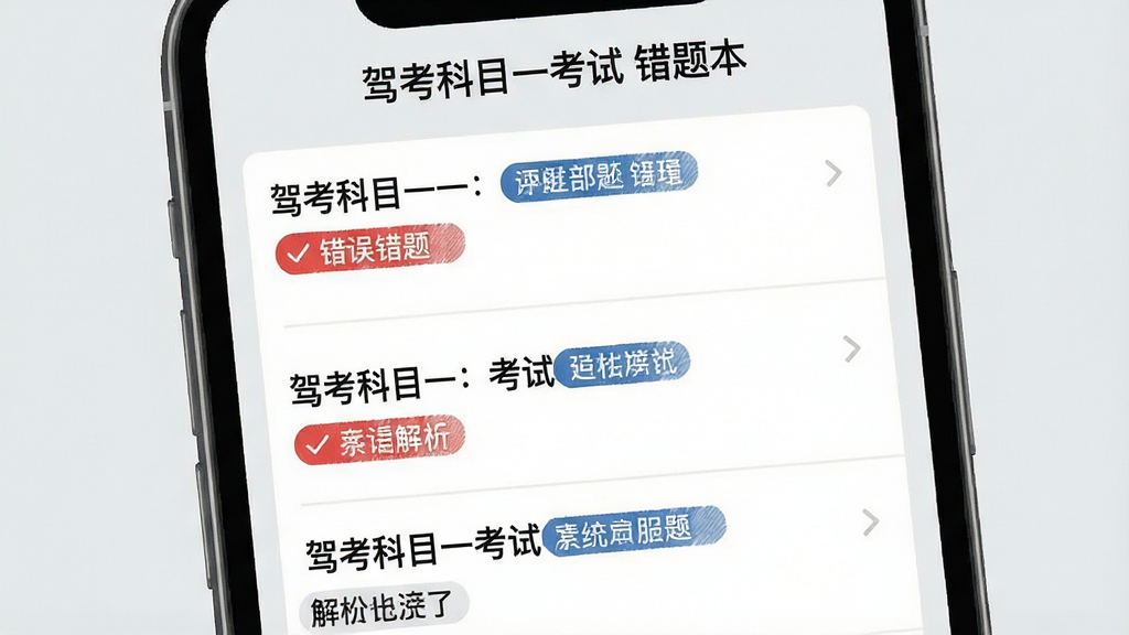 主体:驾考科目一考试错题本界面,手机屏幕显示错题列表,每道题附有解析。布局:列表形式,清晰展示题目与错误标记。排版:简洁列表,红蓝标记错题。风格:扁平化设计,背景浅灰。细节:屏幕顶部有“驾考科目一考试 错题本”文字。画质:干净清晰,无多余元素。
