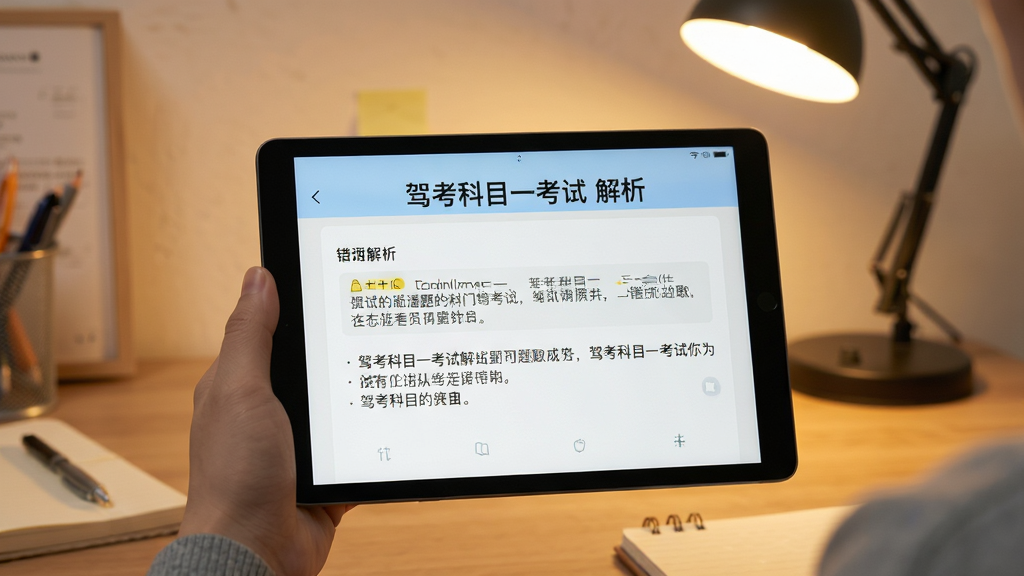 主体:用户使用驾考科目一考试软件刷题的场景,手机或平板横屏显示错题解析。布局:设备居中,背景为书桌与台灯。排版:清爽写实。风格:温馨生活风。细节:屏幕上有“驾考科目一考试 解析”字样。画质:高清,画面干净无多余元素。