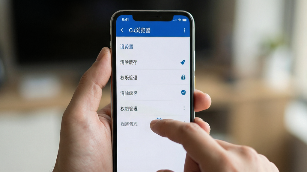 主体:手机握持姿势展示,屏幕上显示OJ浏览器设置界面;布局:一只手握住手机,屏幕正对镜头,背景虚化;排版:手机屏幕清晰显示设置列表,有“清除缓存”“权限管理”等选项;风格:实拍风格,自然光;细节:屏幕上有“OJ浏览器”字样,手指点击屏幕;画质:高质量摄影,干净,无多余元素