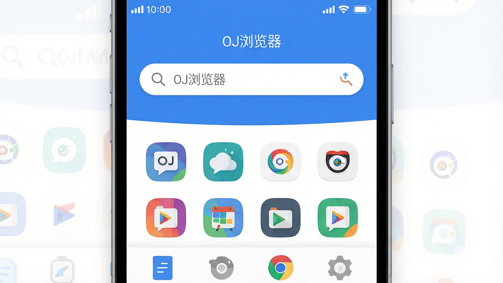 主体:OJ浏览器手机界面展示,居中显示一个现代风格的浏览器首页,带有搜索框和常用网站图标;布局:手机屏幕占画面主体,周围留白,下方隐约有工具栏图标;排版:界面清晰简洁,搜索框位于上部1/3处,图标排布整齐;风格:扁平化设计,色彩清新明亮,以蓝白为主色调;细节:屏幕中显示“OJ浏览器”字样及几个彩色圆角图标,顶部状态栏显示时间与信号;画质:高清渲染,干净,无多余元素