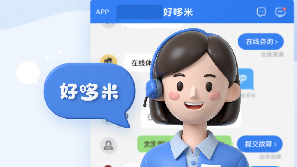 3D���廭��ǰ��Ϊһλ�ͷ���Աͷ�������ڶԻ������ԣ������ǡ��ö��ס�APP�Ŀͷ���������ͼ���������С�������ѯ�������ύ���ϡ���ť��������ɫ����ɫ�Ͱ�ɫΪ������������Ѻã���ͼƽ�⣬���ʸɾ������ִ���