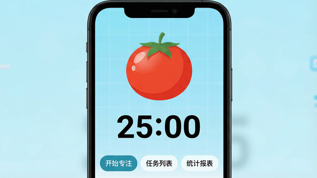 ���壺һ�������ֻ���Ļ��ʾ���Ѽ�ʱ�������棬�������д��ĺ�ɫ����ͼ��͵���ʱ���֡�25:00�������֣��ֻ����У�����Ϊ��ˬ��ǳ��ɫ���䣬�����·���������ť����ʼרע�����������б�������ͳ�Ʊ��������Ű棺��������������ͼ����Ŀ������ִ���ƽ����ƣ�ɫ�����졣ϸ�ڣ�����ͼ�����и߹�Ч��������ʱ����ʹ�ô��壬�����е�����������·�����ʣ�������Ⱦ���ɾ��޶���Ԫ�ء�