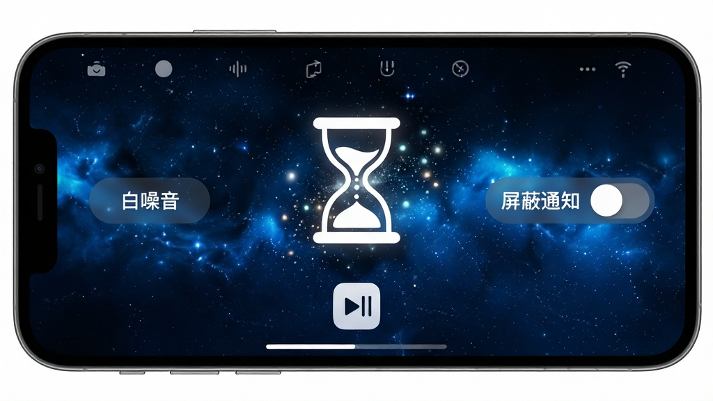 ���壺�ֻ�������ʾ���Ѽ�ʱ����רעģʽ���棬����Ϊ����ɫ�ǿգ������а�ɫɳ©ͼ�꣬�·��в����б�ͼ�ꡣ���֣���������С�����������ť���Ҳ��С�����֪ͨ�����ء��Ű棺����Ϊ��ɫ����ťΪ��͸������񣺳���ʽ��ɫ���⡣ϸ�ڣ�ɳ©ͼ���з�������Ч�����������ƻ������������ʣ����嶯̬��ֽ��񣬸ɾ��޶���Ԫ�ء�