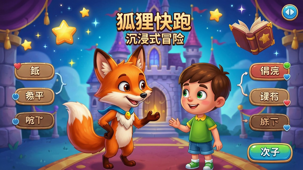 �������Ӧ���ھ��黭�棬��ͨ�����뺢�ӽ�ɫ��ħ���Ǳ��жԻ�����Ļ��ʾ�Ի�ѡ���֧����������˸�����Ǻͷ����鱾�����湹ͼ������������У�ɫ�����������Ϊ2D��ͨ��Ⱦ��ϸ�ڷḻ��������ɫ���顢����װ�κ�UI��ť�������������ɾ��޶���Ԫ�أ�����Ϊ��������� ����ʽð�ա���