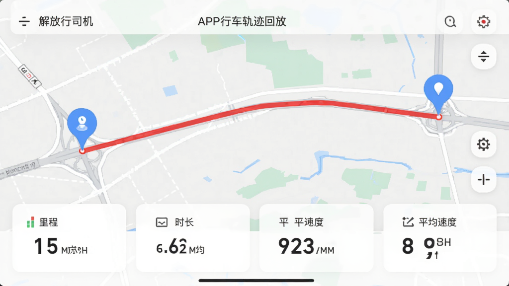 �����˾����APP���г��켣�طŽ��棬��ͼ����ʾһ����ɫ��ʻ·�ߣ�������յ������ɫ��ǣ�ҳ���·�չʾ��̡�ʱ����ƽ���ٶȵ����ݿ�Ƭ����ͼ���Ϊ����ǳɫϵ�����������׶��������Χרҵ���ɿ������ʸɾ��޶���Ԫ��