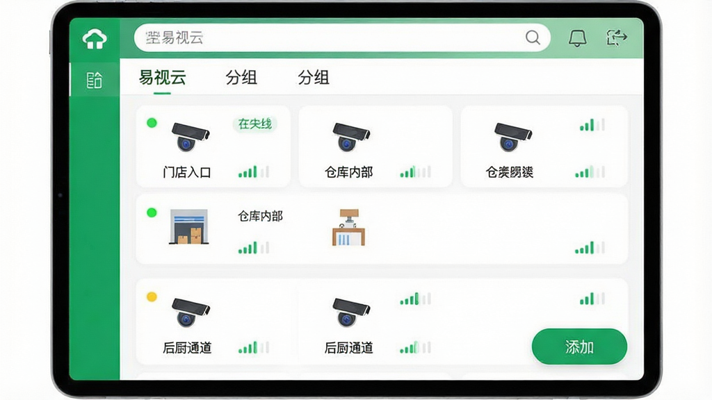 多设备集中管理界面设计,主体为“易视云”App的设备列表页面,屏幕上整齐排列多个摄像头图标,每个图标下方标注如“门店入口”“仓库内部”“后厨通道”等名称,顶部有搜索栏与分组标签,画面右下角有一个悬浮的添加按钮,整体布局为纵向列表式,风格简约商务,以白色背景配绿色点缀,细节包括每个设备的在线状态指示灯与信号强度条,画质干净明亮,无多余元素