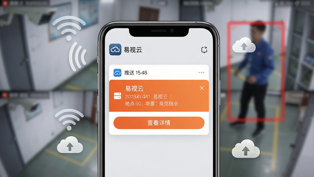 智能报警通知场景展示,主体为一部手机特写,屏幕显示“易视云”App推送的报警消息横幅,背景为模糊的监控画面,画面中有一个正在移动的人影被红框标记,手机界面顶部有“易视云”应用图标与推送时间,整体布局为手机居中,周围有无线信号与云朵图标点缀,风格清新写实,以浅灰与橙色为主色调,细节包括消息内容中的时间地点描述与“查看详情”按钮,画质细腻柔和,干净无多余元素
