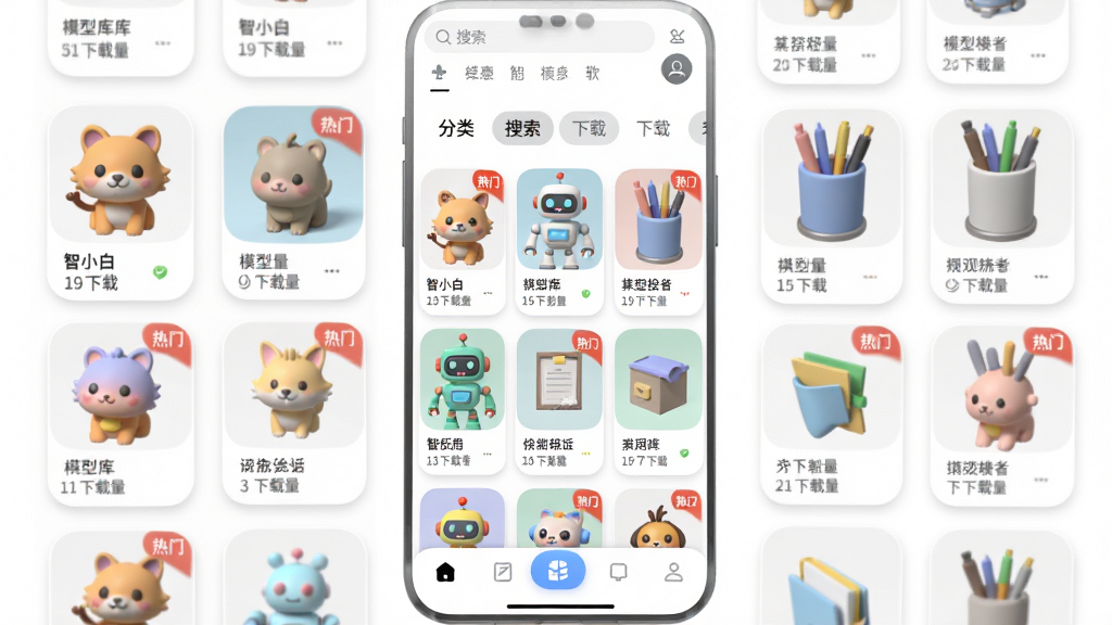 ���壺��С��3D�����ڵ�ģ�Ϳ���棬��������ʽչʾ���ֲ�ɫ3Dģ�ͣ�����С��������ˡ���Ͳ�ȡ����֣��ֻ�������ʾ��ģ������ͼ�������룬ÿ����Ƭ�·������ƺ����������Ű棺�������������м�����ǩ����������ײ�������������ģ�Ϳ⡱����񣺽�����ö�ʣ�����Ϊ��ɫ����Ƭ��Բ����Ӱ��ϸ�ڣ�ģ������ͼ������ÿ��ģ�Ͷ��в�ɫ��ȾЧ��������ģ�ʹ��С����š���ɫ��ǩ�����ʣ����壬�ɾ����޶���Ԫ�ء�