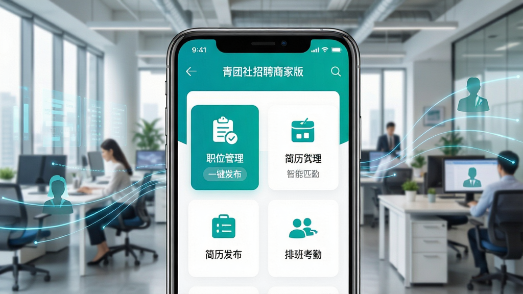 ��������Ϊ�ֻ���Ļչʾ����������Ƹ�̼Ұ桱APP���棬������������ʾְλ�����������������Ű࿼�ڹ���ģ��ͼ�꣬����Ϊ�ִ�д��¥��æµ�������HR�칫���������ֲ����ֻ���Ʒ������д���������ײ���׺ǳ��ɫ����������������ְ�߼�Ӱ���Ű���Ϊ�Ƽ�����Ϣͼ����ɫ������ɫ���ɫ���䣬ϸ�ڰ����������֡�ְλ��������һ��������������ƥ�䡱�����ʸ���ɾ����޶���Ԫ�ء�