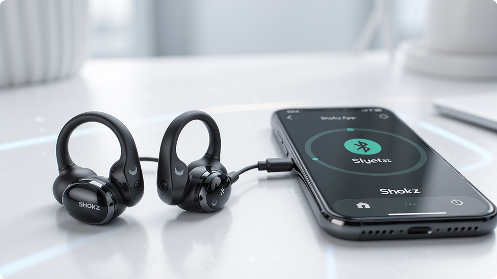 ���壺Shokz �Ǵ����������ֻ����ӳ����������������ֻ��ԣ���Ļ��ʾShokz App���档���֣���������Ʒ���Ҳ��ֻ�������д�����Ĺ�ͼ���Ű棺����չʾ��Ʒ��App����������������黯����񣺿Ƽ��С��ɾ���������ҵ��Ʒ��Ӱ���ϸ�ڣ����������������ֻ���Ļ��ʾ������Գɹ�ͼ�꼰��Shokz���������������������ʣ�8K�����壬�ɾ����޶���Ԫ�ء�