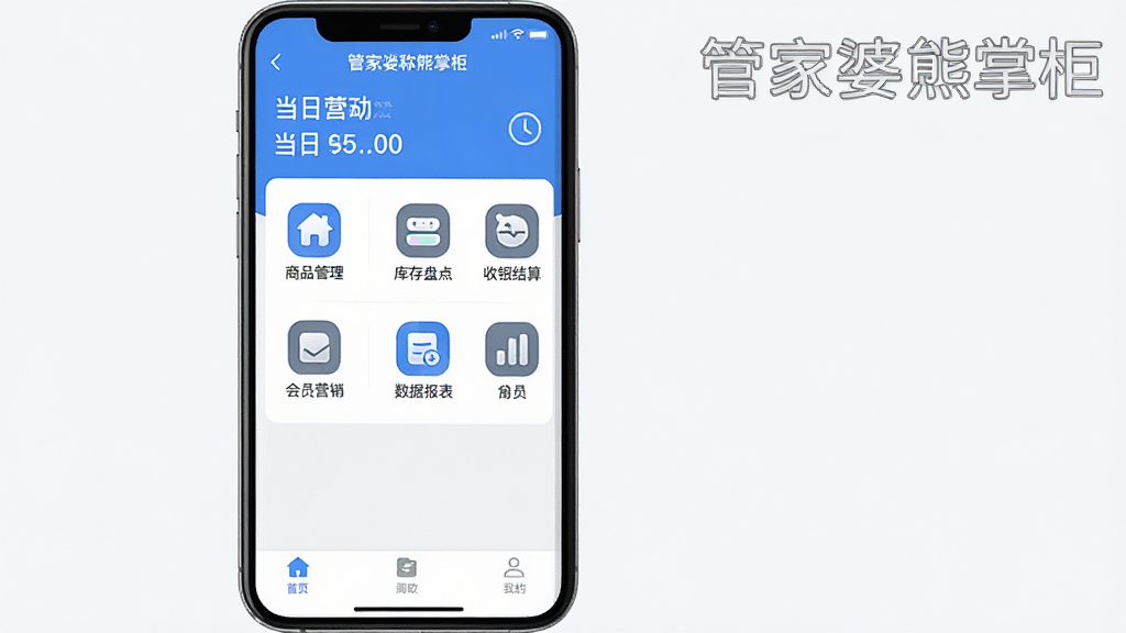 图片展示管家婆熊掌柜软件在手机上的主界面,界面顶部显示店铺名称和当日营业额,中部为功能图标网格布局,包括商品管理、库存盘点、收银结算、会员营销、数据报表等,底部为导航栏,整体UI风格清爽简洁,以蓝色和白色为主色调,图标圆润清晰,背景干净无多余元素,竖屏手机全屏预览,画质高清,文字标注“管家婆熊掌柜”字样。