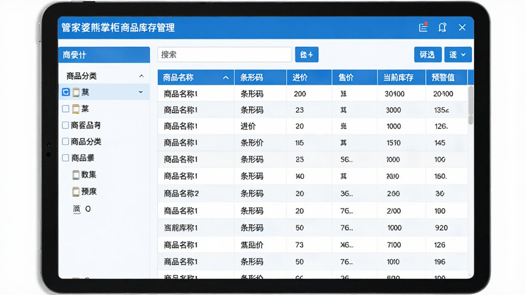 展示管家婆熊掌柜商品库存管理界面,左侧为商品分类列表,右侧为商品信息表格,包含商品名称、条形码、进价、售价、当前库存、预警值等列,表格上方有搜索框和筛选按钮,界面采用蓝白配色,数据清晰排列,背景简洁,桌面平板横屏预览,画质高清,干净无多余元素。