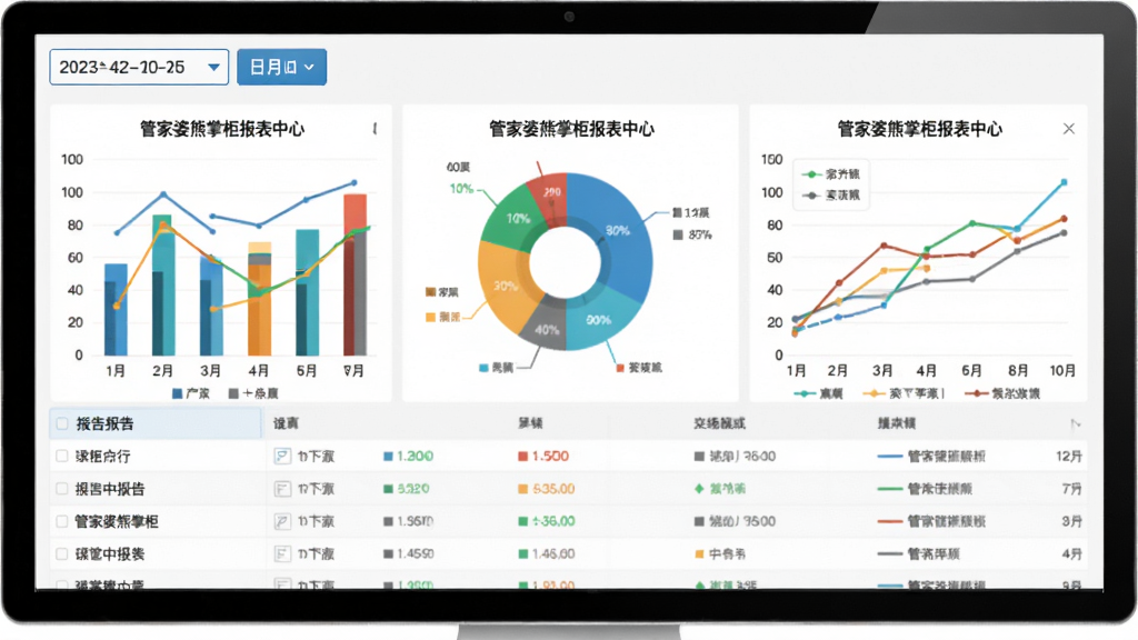 展示管家婆熊掌柜报表中心界面,屏幕上显示多个数据图表,包括柱状图、饼图、折线图,图表配色鲜艳,背景为白色,界面顶部有日期筛选按钮,下方为报表列表,整体风格商务清晰,桌面横屏预览,画质高清,干净无多余元素。