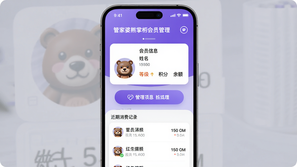 展示管家婆熊掌柜会员管理页面,页面中央为会员信息卡片,显示会员头像、姓名、等级、积分和余额,下方为近期消费记录列表,背景为手机界面,以紫色渐变为主色调,功能按钮圆润,界面简洁现代,手机竖屏预览,画质高清,干净无多余元素。