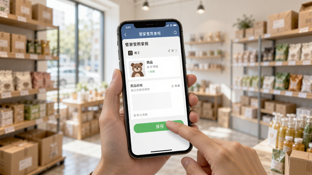 展示用户正在使用管家婆熊掌柜手机应用进行商品入库操作,手机屏幕显示商品添加页面,手指点击“保存”按钮,背景为店铺内景,有货架和商品,光线明亮,自然光,画面真实,竖屏构图,画质高清,干净无多余元素。